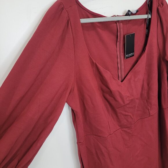 Eloquii Maroon Plus Balloon 3/5 Sleeve Red Ruffle Bodycon Burgundy Midi Dress 20 - Picture 3 of 10